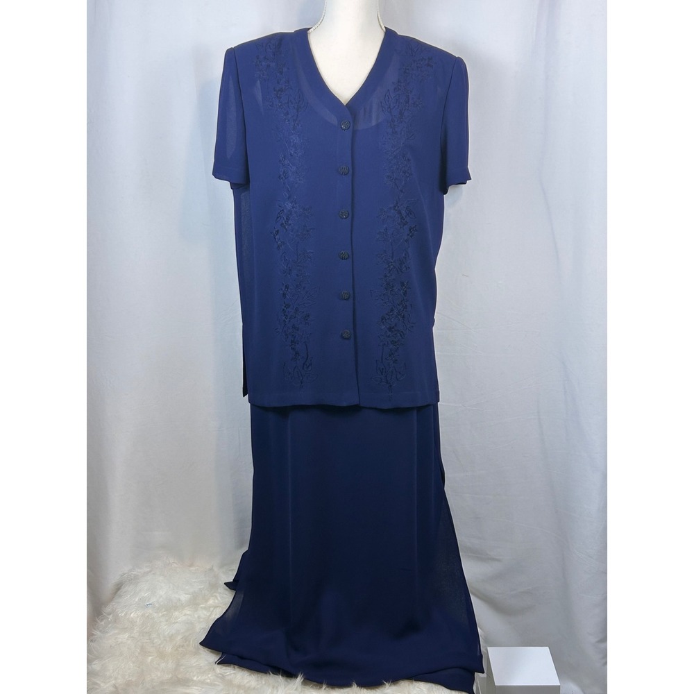 Navy Blue Embroidered Two Piece Maxi Dress & Cardigan Set Formal Evening Wear 12
